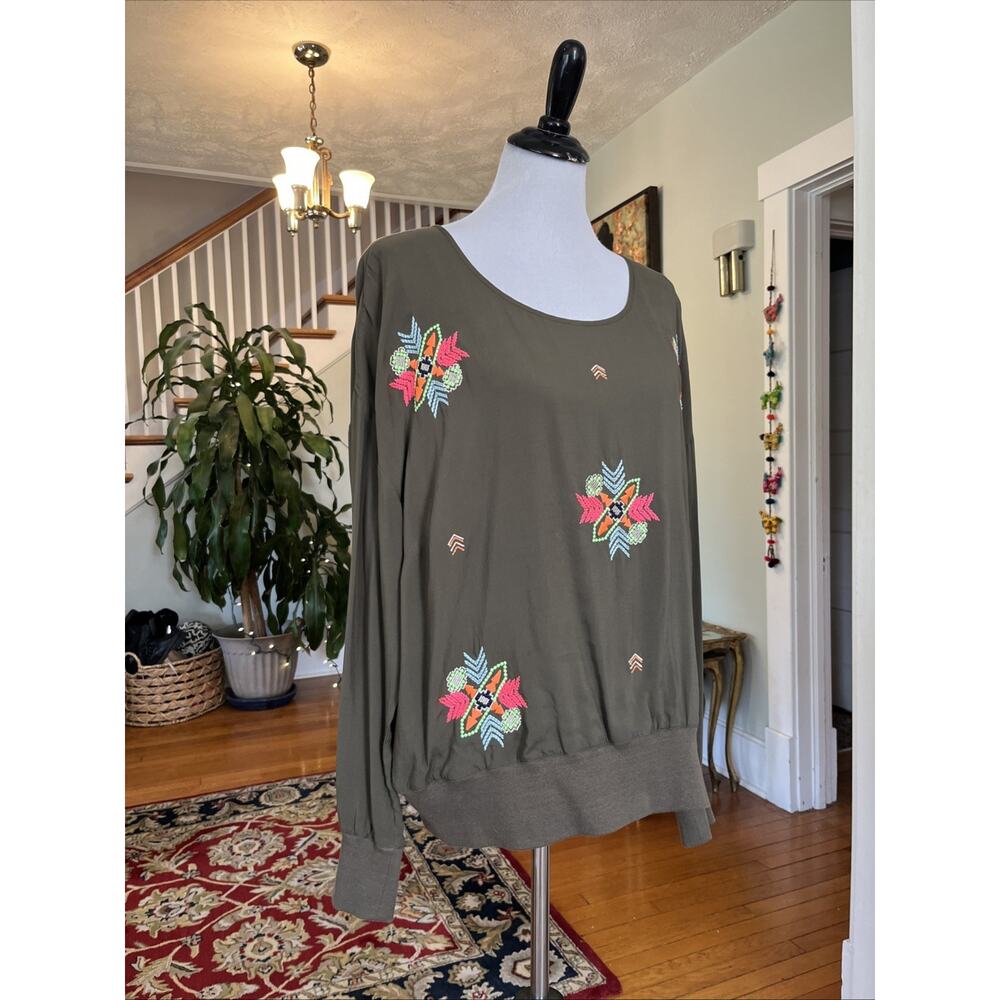 Boden US 16 XL Embroidered Tribal Boho Shirt Long Sleeve Olive Green 1X Arrows